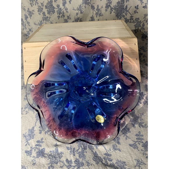 Pink Blue Hand Made 10" Glass Pedestal Bowl Bohemia Czech Republic Glass MCM - Picture 2 of 12
